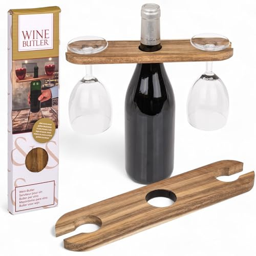 MIJOMA Wein-Butler aus geöltem Akazienholz – eleganter Flaschen- & Glashalter für 2 Gläser – stilvolles Weinbrett für Wohnambiente, Picknick, Weinliebhaber & besondere Anlässe