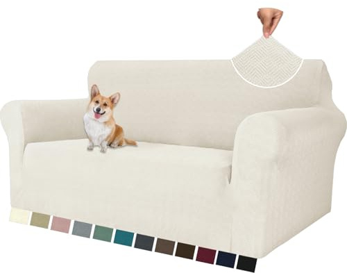 YSTELLAA Stretch Sofa Überzug 2 Sitzer, Sofaschoner rutschfest Mit Armlehne, Dicke Sofabezug Für Hunde Katzen Und Haustiere, Universal Jacquard Sofabezug, Waschbare Sofa Cover, CremeWeiß