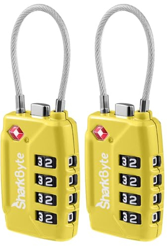 SharkByte Lot de 2 cadenas à combinaison approuvés par la TSA - Cadenas de sécurité à 4 chiffres - Câble flexible pour valises, bagages, sacs de voyage, casier de gym - Petit cadenas avec code