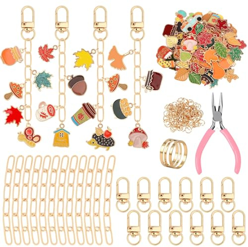 AUGSUN 189 Stück Herbst Schlüsselanhänger Basteln Einschließlich 60 Charms 12 Schlüsselanhängers Karabiner 15 Verlängerungsketten 100 Biegeringe und Schmuckzange für Schlüsselanhänger Bastelset