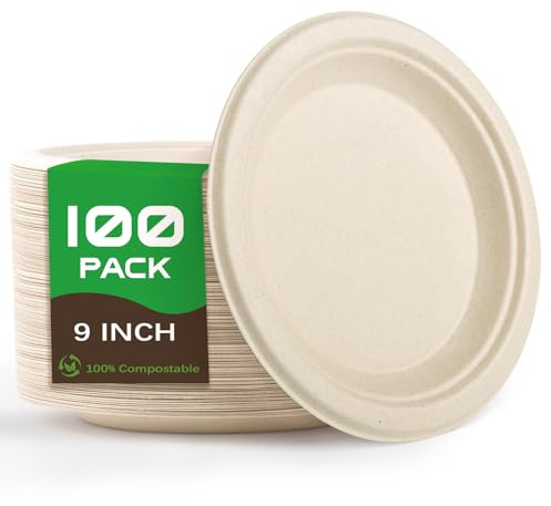 Platos Desechables 100Piezas,Cubiertos Desechables 100% Compostables-22.8cm | Cubiertos Desechables de Caña de Azúcar Biodegradables,Vajilla Desechable para Cumpleaños,Fiestas,Cámping,Picnic-Color Madera