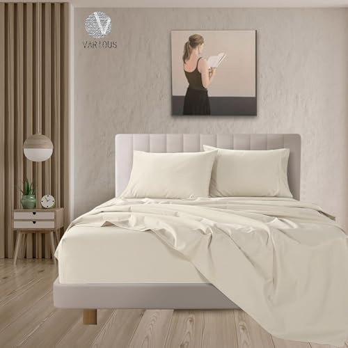 Juego de Sábanas de 4 Piezas de Cama 160 x 200,Poliéster Cepillado y Prelavado,Sábana Bajera Ajustable,Sábana encimera,Dos Funda para Almohada de 50x75cm,Suave y Retención de Calor Beige