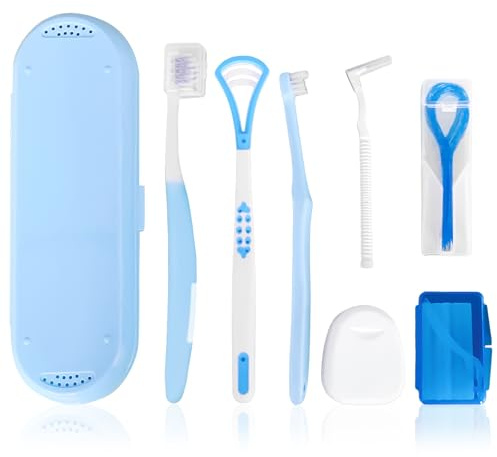 7-in-1 Travel Oral Care Kit with Case – Toothbrush, Tongue Scraper, Wisdom Toothbrush, Dental Floss, Floss Threaders, Interdental Brush, Dental Wax, Portable Hygiene Set for Daily Use Travel (Blue)
