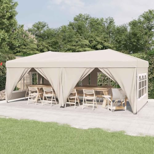 Tente de Réception Pliable, Chapiteau de Jardin Extérieur 3x6 m avec Parois Latérales, Toit en Tissu Oxford 210D Résistant UV, Structure Acier, Crème, 580 x 292 x 245 cm