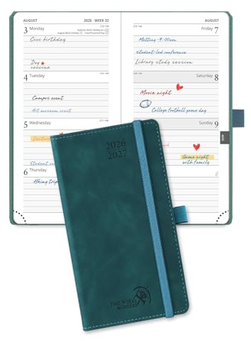 POPRUN 2026-2027 Academic Pocket Diary Week to View Slim (8.8x16.3) | Hardback 17 Months (Aug'26 - Dec'27) Weekly Planner, 26/27 Mid Year Appointment Book, Small for Bag (Peotrol Green)