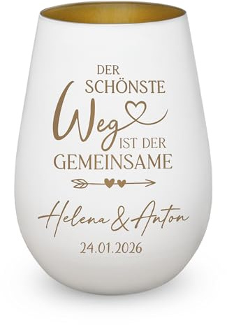 Windlicht zur Hochzeit mit Gravur Hochzeitsgeschenk Brautpaar personalisiert Wunschnamen Geschenk für Paare Frauen Männer zum Valentinstag Jahrestag Verlobung Spruch Gemeinsamber Weg Gold