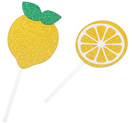 LRXIYODE 24Pcs Lemon Cake Toppers with Glitter Fruit Design, 2 Styles 12Pcs Each, Non-Edible Lemon Decorations for Birthday and Lemon-Themed Party Cake Inserts Supplies