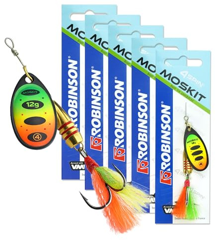 ROBINSON Spinner Angelköder 5er Set | für Hecht, Barsch, Zander & Forelle | Starke Druckwellen durch breites Metallblatt · VMC-Drilling auf Edelstahl · Feder am Haken · 5er Sparset