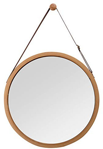 ZRI Bamboo Wandspiegel Rund Flur Spiegel Badspiegel mit Verstellbarer Lederband 38cm (braun, 38 cm)