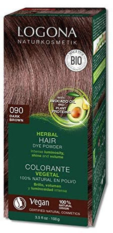 LOGONA Naturkosmetik Pflanzen-Haarfarbe Pulver 090 Dunkelbraun, Mit Avocadoöl, Vegan & Natürlich, Braune Natur-Haarfarbe Coloration Mit Henna,100g