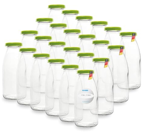 Flaschenbauer - 24x Glasflaschen 250ml mit Deckel TO43 in Hellgrün - Saftflaschen zum Befüllen inkl. Etiketten, Milchflaschen, Vorratsflaschen, Einmachgläser, Smoothie Flaschen - Made in Germany