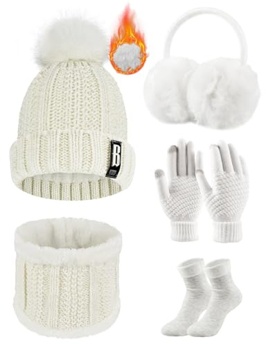 Voqeen Knitted Hat Scarf Gloves Set 5 Pcs Winter Set Ladies Cold Weather Sets Touch Screen Gloves Beanie Hat Scarf Thermal Socks Plush Ear Warming Outdoor Sports Set for Christmas Gifts