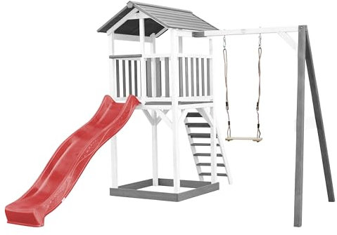 AXI Beach Tower Torre giochi in legno in grigio e bianco | Torre di gioco con sabbiera, altalena e scivolo rosso | Casa per bambini su palafitte per il giardino