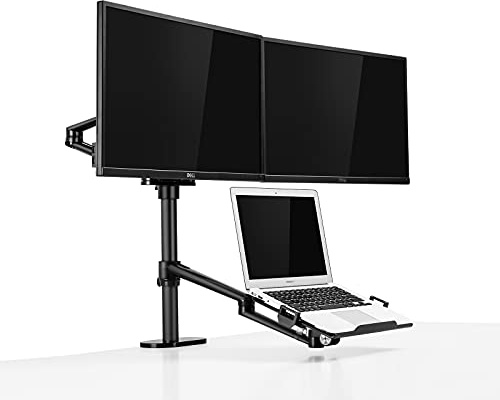 Thingy Club Support de moniteur 3 en 1 réglable en hauteur pour ordinateur portable de 12 à 17, peut contenir 2 moniteurs jusqu'à 27 avec VESA, support de bureau rehausseur de bras (noir)