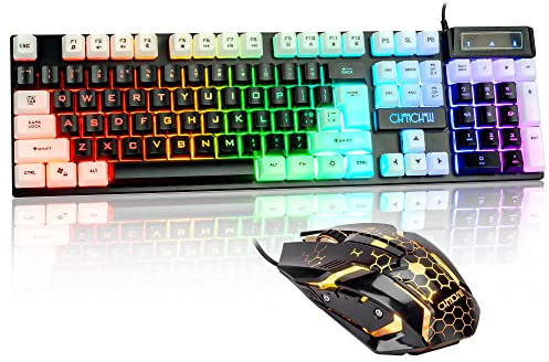 CHONCHOW Combo de teclado y mouse iluminados, teclado LED RGB para juegos de tamaño completo y mouse para juegos con cable arcoíris para PS4, PS5, Xbox One, computadora, computadora, computadora,