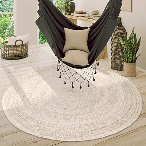 Paco Home Teppich Rund Wohnzimmer Jute Boho Ethno Muster Modern Handgefertigt Naturteppich, Grösse:160 cm Rund, Farbe:Weiß