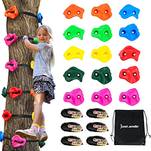 Kletterhilfe für Kinder, Outdoor-Ninja-Baum-Klettersteine, 15 Stück mit 6 Ratschen, Klettergriff-Sets für Ninja-Krieger-Hinderniskurs
