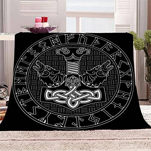 Ruiqieor Wikinger Kuscheldecken 150x200 cm,Decke mit Wikinger Tottem Rune Motiv, 3D-Digitaldruck Nordische Odin Warrior Schwert Axt,Weich Flanelldecke für Kinder Erwachsene（#13）