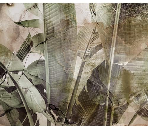 decomonkey - Papier Peint Panoramique Adhésif Plantes 294x210 cm - Stickers Muraux Salon Chambre Déco XXL Autocollant Murale Bureau - Gris marron vert - Jungle tropicale feuilles plantes nature