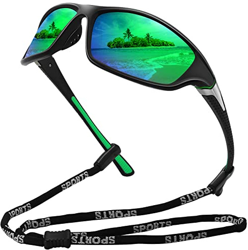 MEETSUN Gafas de sol deportivas polarizadas para hombres y mujeres que conducen, ciclismo, pesca, gafas de sol con protección UV400 - Negro/Verde, Efecto Espejo