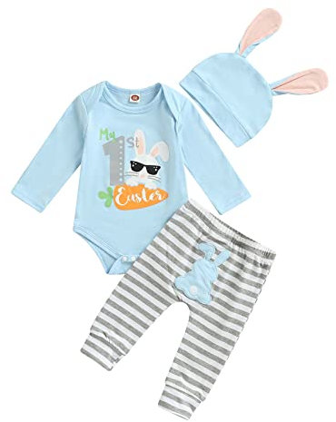 Neugeborenes Baby Ostern Outfit Jungen Mädchen Langarm Body Hose Hasenohren Hut Mein Erstes Ostern Kleidung Set (B 01-Hellblau, 6-9 Months)