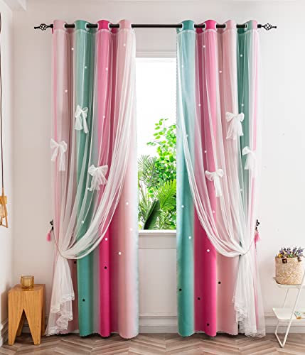 Yancorp Vorhänge für Mädchen, Schlafzimmer, Kindervorhang, ausgehöhlt, Sternfenster, Kinderzimmervorhang, 213,4 cm Länge, Raumverdunkelung, Öse, 2 Schichten (grün, rot, rosa, B 52 x L84)