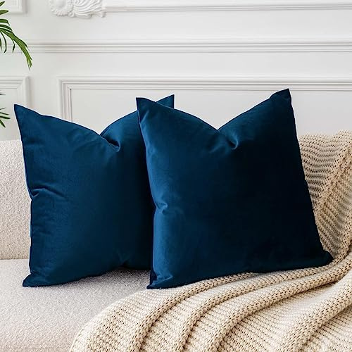 JUSPURBET Navy Velvet Throw Pillow Covers 14x14 inch Set of 2 for Living Room Couch Sofa Bedroom Decorative Square Solid Soft Cushion Cases with Invisible Zipper