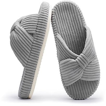Chantomoo Slippers for Women Memory Foam House Bedroom Corduroy Bow Crossbands Slipper Shoes Comfy Trendy Gift Slippers Grey Size 5 6 5.5