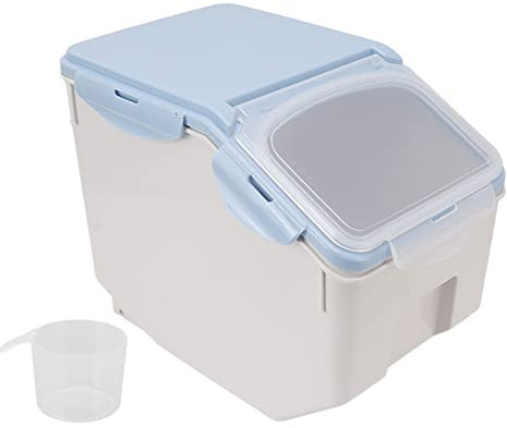 Contenitore per Riso e Cereali, Distributore di Riso con Tazza, Contenitore Ermetico per Alimenti, Secchio per Chicchi di Riso di Grande Capacità, Contenitore per Alimenti Secchi in(Blu 15KG)