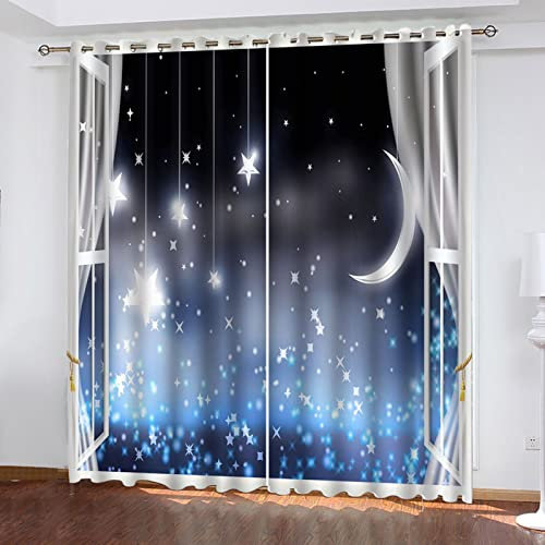MAYNUO Blickdichte Vorhänge Mit Motiv 3D Fenster Sterne Und Mond Kinder Gardinen Blickdicht Ösen Gardine Thermo 264x214 cm Schlafzimmer Kinderzimmer Vorhänge Dekoratives Muster, Verdunklungsvorhänge
