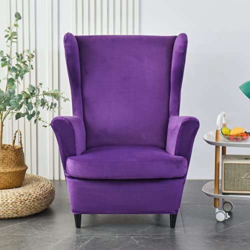 Hiseng Ohrensessel Überzug Samt, 2-Teilig Stretch Sessel-Überwürfe Ohrensessel Kissen Sofa Schonbezüge, Flügel Zurück Sesselbezüge mit Armlehne Hohe Rückenlehne (Lila)