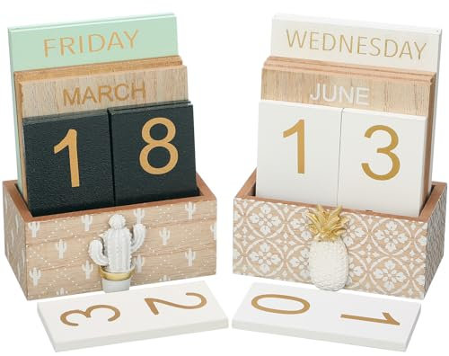 Beeveer 2 Stück Retro Ewiger Kalender Vintage Desktop Holz Kalender Block Kalender für Schreibtisch Home Office Bar Shop Wohnzimmer Klassenzimmer Zubehör Woche Monat Tag Anzeige