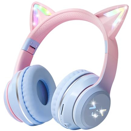 Casque pour Enfants,Casque Audio à Oreilles de Chat Bluetooth 5.1 Sans Fil et Filaires, Jolis Lumière LED RGB de Casque,Casques Pliables sur l'oreille pour Cadeaux/École/Tablette/Voyage (Bleu)