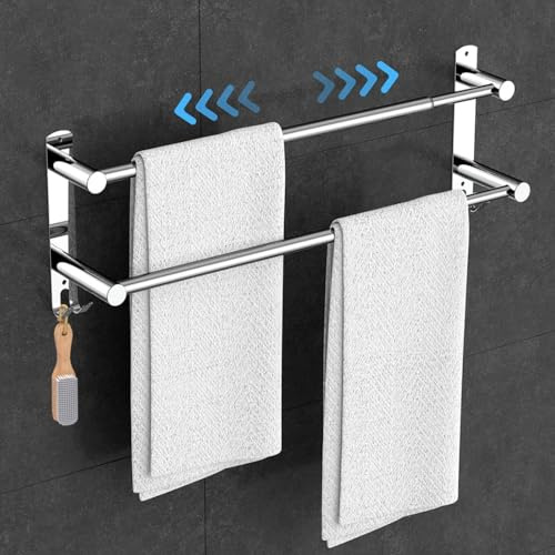 ANBOO Handduksskena utan borrning utdragbar 43–78 cm, 2 lager handdukshållare rostfritt stål med 2 handdukskrokar för badrum kök, handdukshållare vägg silver