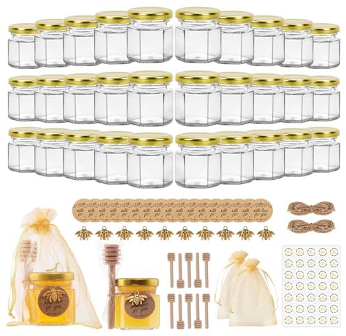 SZUAH 30 Pack 1.5 oz Mini Honey Jars with Dipper, Glass Hexagon Honey Jar for Wedding Favors, Empty Glass Jars for Party Favor