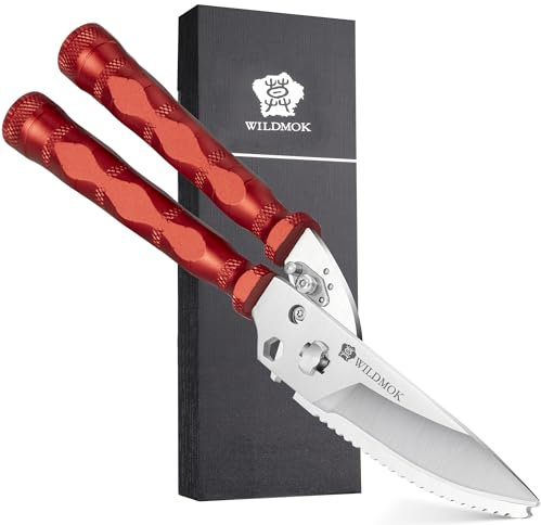 WILDMOK - Tijeras para aves de corral (21,6 cm, tijeras de cocina ultra afiladas, para campamento al aire libre, acero inoxidable, 21,6 cm), color rojo