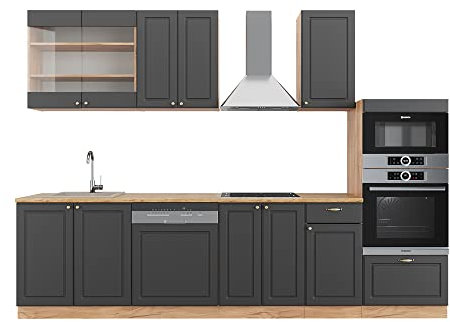 Vicco Küchenzeile Fame-Line, Anthrazit Landhaus/Goldkraft Eiche, 300 cm mit Hochschrank, AP Marmor
