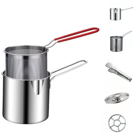 Deep Fryer Pot with Basket,1200ml Handled Stainless Steel Chip Pan,Small Deep Fat Fryer French Fries Pot,Japanese Style Tempura Frying Pan,Fryer Pasta Ergonomic Handle Fryer (12.5x12cm 304)