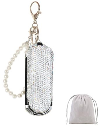 Bling Folding Hair Brush Keychain Rhinestone Pocket Hair Brush Keyring Mini Paddle Hair Massage Comb with Mirror for Women Girls White