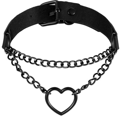 DIVINA VITAE Choker Kette Damen Schwarz Gothic Halskette Chokers Schwarzes Gothic Pu-leder Herz Schlupfkette Verstellbarer Retro Choker-Halsband Kette Für Festival Party Halloween Weihnachten Zubehör