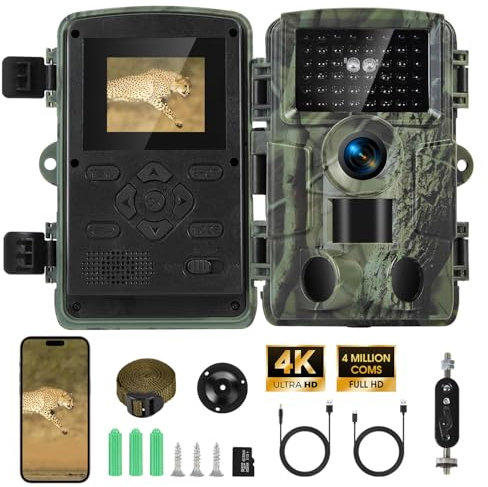 Unimeet Fototrappola WiFi 4K 60MP, Fotocamera Notturna con IR Visione 120° Ultra Grandangolo, Fotocamera Caccia con Scheda 32GB, IP66, Velocità di Trigger 0,2S, 950nm IR LED, per la Fauna Selvatica