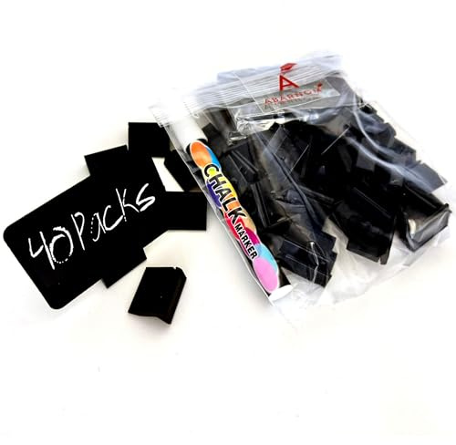 Pack de 40 pizarras sintéticas reutilizables + 40 bases de 25mm + rotulador tiza liquida, Porta Precios Pizarra Sintética, Pizarras para Precios, Mini Pizarras para PortaPrecios (Negro)