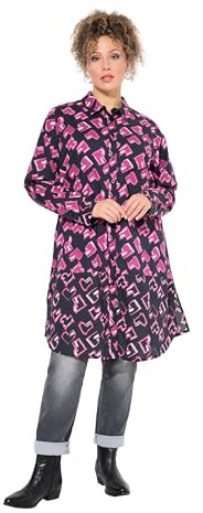 Ulla popken damer stora storlekar överdimensionerade plus size långblus, hjärtan, A-linje, skjortkrage, långärmad, Rubin, 54-56