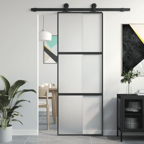 qohoio Sliding Door Black 76x205 cm Tempered Glass and Aluminium-Aluminum Frame Barn Door Panel,Modern Interior Door Kit for Office Kitchen Living Room Shower Door room Dividers