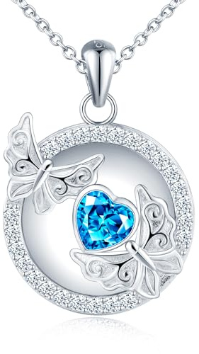 MicLee Collier Photo Médaillon en Argent 925 Femme Fille Pendentif Locket de Papillon avec Bleu Cœur Zirconia Breloque Squelette Ouvrable Ronde Collier Amulette Mémorial Bijoux Elégant