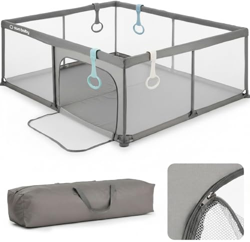 sun baby Lekhage med handtag gröna 150x200 cm 0-2 år Grå, polyester, nätväggar, ingång med dragkedja, halkfria fötter, förvaringsväska, metallram