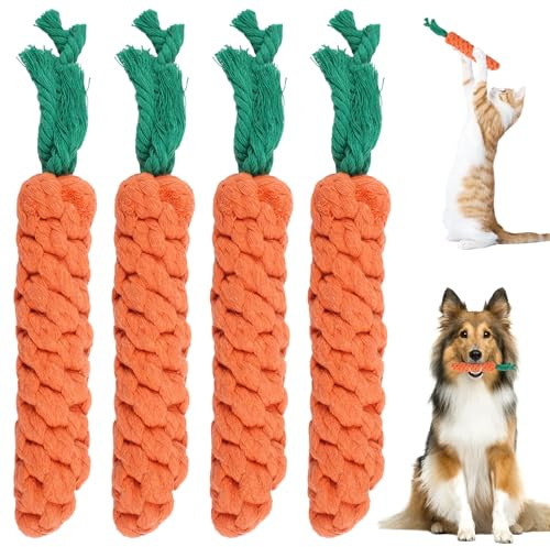 4 Stück Hundespielzeug Karotte, Puppy Karotte Seil Spielzeug Geflochtene, Kauspielzeug Karotte Seil Baumwolle, Kauspielzeug für Welpe Spielzeug, für Zahnreinigung, für Kleine Mittelgroßen Hund