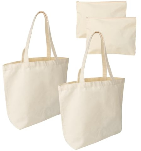 Bztzhm Btzthm Lot de 4 sacs en tissu vierges en coton - 2 grands sacs à provisions - 45 x 35 x 10 cm - 2 sacs cosmétiques avec fermeture éclair - Non imprimés - Pour shopping, voyage, quotidien, beige