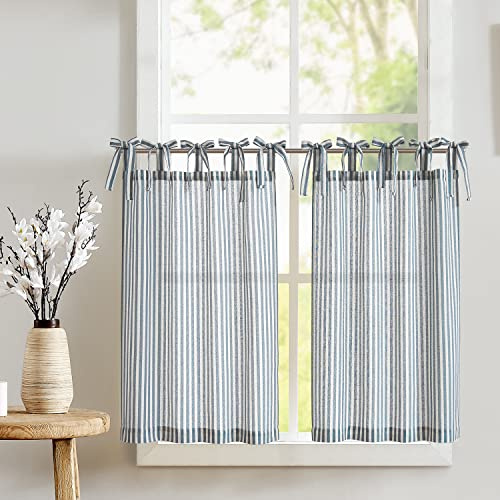 TOPICK Scheibengardinen Gestreifte Bistrogardine 2er Set H90xB65 Blau Beige | Gestreifte Scheibengardinen Leinenoptik mit Bindebändern Küchenvorhang Blickdicht Küchenschrank Esszimmer Lichtdurchlässig