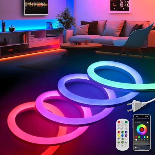 KSIBNW RGBIC LED Strip 20m, Neon LED Streifen mit Fernbedienung & App IP65 Wasserdichte Flexible Lichterschlauch Bluetooth Musik Sync Band Timer-Einstellung Beleuchtung Dimmbar Farbwechse